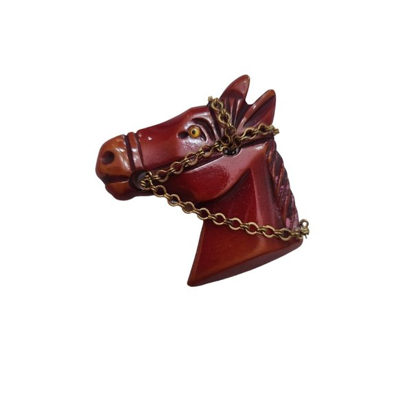 Antique Beautiful Bakelite Horse Head With Chain Brooch (A2871) - Picture 1 of 5